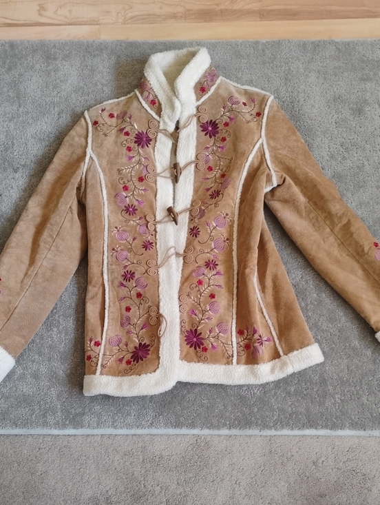 St. John's Bay Jackets & Blazers - St. John's Bay Tan Suede Jacket with Cream Shearling & Pink Floral Embroidery